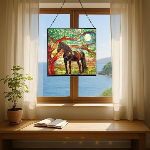 Black Horse Standing Beneath Ancient Tree Square Suncatcher – Stained Glass Style Window Panel with Pastoral Scene, Custom Decorative Hanging Art for Equestrian Home, Christmas vR93jU - Image 6