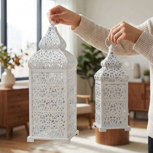 Vela Lanterns Decorative Indoor Moroccan Candle Holders, White, Set of 2 - Image 6