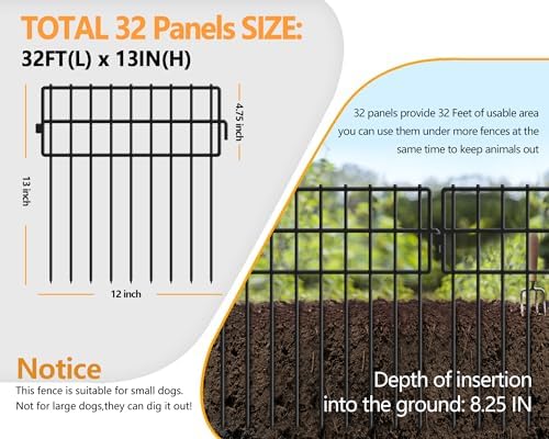 32 Panels Animal Barrier Fence No Dig, 32ft(L) X 13in(H) 1.2in Gap Rabbit Fences Ground Defense Border Small Metal Fencing, Dog Blocker Under Barriers for Garden, Flower Bed, Patio - Image 2