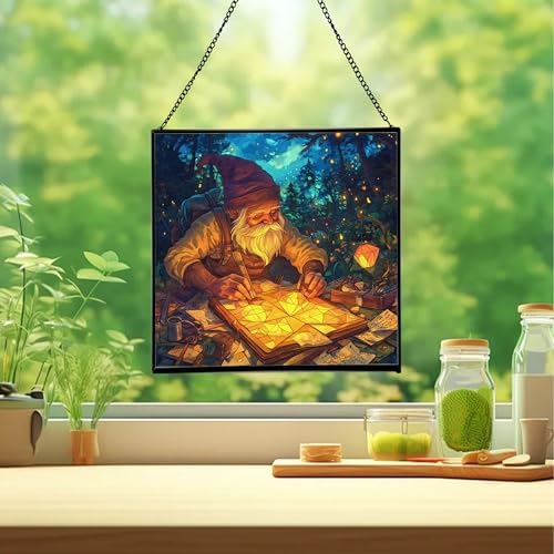 Gnome Lantern Maker Stained Glass Suncatcher – Square Hanging Window Panel for Home or Greenhouse – Whimsical Glass Art Gift for Garden Lovers, Christmas, Halloween, Father Days uAB6Sj - Image 2