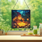 Gnome Lantern Maker Stained Glass Suncatcher – Square Hanging Window Panel for Home or Greenhouse – Whimsical Glass Art Gift for Garden Lovers, Christmas, Halloween, Father Days uAB6Sj - Image 2