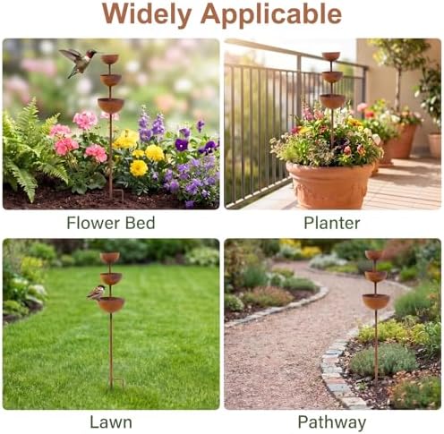 Water Barrels Rain Catcher from Gutter - Metal Flower Garden Stakes Bird Bath, 3-Tier Butterfly Feeder and Bird Water Bowl, Faux Rust Iron Garden Accessories Outdoor for Butterfly Garden Decor (1) - Image 3