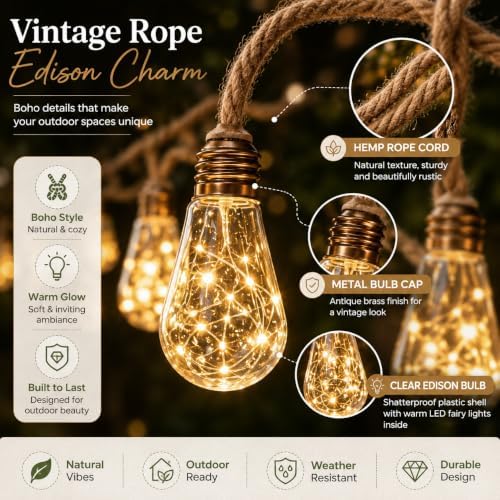 Boho Fairy String Lights Outdoor Solar Powered, Vintage Rope Hemp Bulb LED Patio Lights, Waterproof Shatterproof Backyard String Lights for Garden Fence Decor (Multicolor - 25lights, 456, Inches) - Image 3