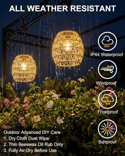 Hanging Solar Lanterns Outdoor Waterproof, Rattan Wicker Hanging Chandelier - Image 4