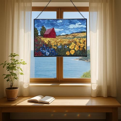 Barn Surrounded by Summer Wildflowers Rectangular Stained Glass Suncatcher – Hanging Window Panel with Animal & Nature Scene – Vibrant Glass Art Gift for Wildlife, Fantasy, Nature Lovers 5PBAyy - Image 6