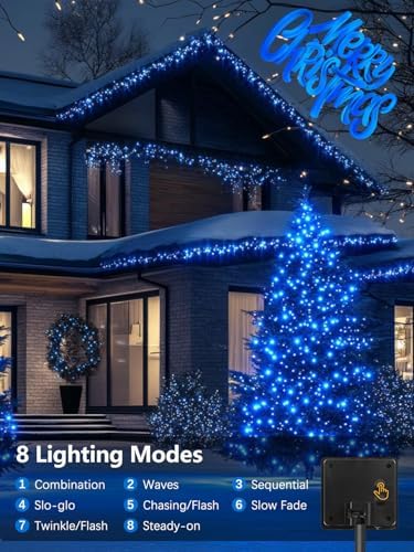 4 Pack Solar Christmas Lights Outdoor Waterproof, 132FT 400LED Solar String Lights Green Wire Fairy Lights, Solar Twinkle Lights with 8 Lighting Modes for Xmas Garden Decorations (Blue) - Image 2