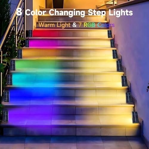 Solar Step Lights, 12 Pack Solar Stair Lights Outdoor Waterproof, Warm White/7 RGB Colors LED Outdoor Deck Light, Outside Light Decor for Garden Stair, Deck, Front Step, Front Porch, and Patio - Image 2