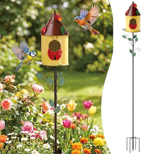 Frienda 57 Inch Bird Houses for Outside with Pole, Durable Metal Wild Bird Feeder with Stand, Decorative Ladybug Birdhouse Stake Easy to Install for Attract Birds Garden Patio Decor by Frienda