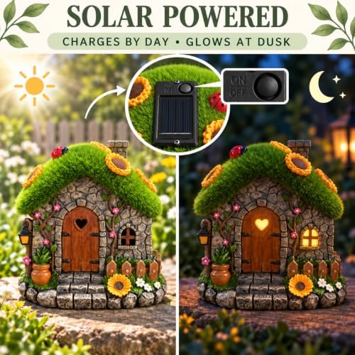 Sunflower Fairy Garden House with Ladybug, Solar Lighted Resin Yard Statue - Image 4