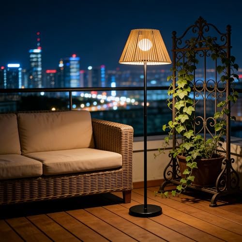 Solar Outdoor Floor Lamp with Rattan Shade, Adjustable Height by LEOKED