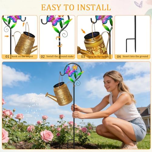 Solar Watering Can Lights Outdoor Garden Decor, Large Butterfly Hanging Lantern with Shepherd Hook, Waterproof Garden Lights for Outdoor Landscape Pathway Yard, Mom Grandma Gifts 1pcs - Image 5