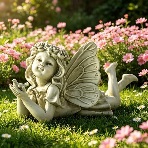 Garden Angel with Bird Statue, Resin Fairy Outdoor Memorial Decor - Image 4