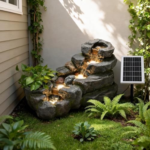 38.2" L Solar Water Fountain Outdoor Garden 5 Tiers Floor Standing Rock Natural Waterfall Outdoor Fountains with LED Lights and Planting Pot for Patio, Porch,Backyard,Home Art Decor - Image 6