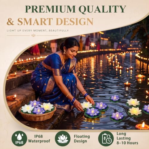 Liliful 18 Pcs Diwali Floating Lotus Lights, 3.94 Inch, White,Blue - Image 6