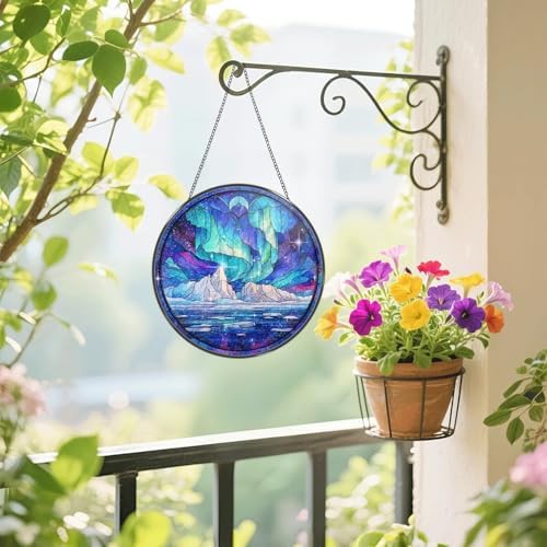 Stained Glass Window Hanging Mountain Sunset Porch Music Scene Sun Catchers Rustic Banjo Violin Lantern Floral Suncatchers for Home Porch Garden Indoor & Outdoor Decor (9.8x9.8 in) - Image 4