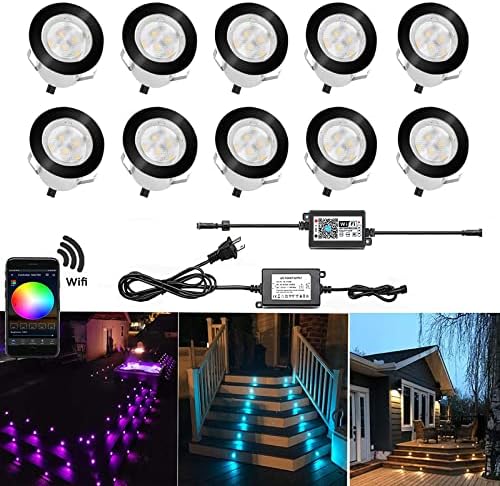 Smart LED Deck Lights Kit WiFi Controlled Color Changeable,Φ1.38“Outdoor IP67 Waterproof Low Voltage Step Lights In-Ground Lighting,Works with Samrt Phone,Alexa, Google Home(Black Border,10pack) by QACALEDOutdoorRecessedDeckLightingKits