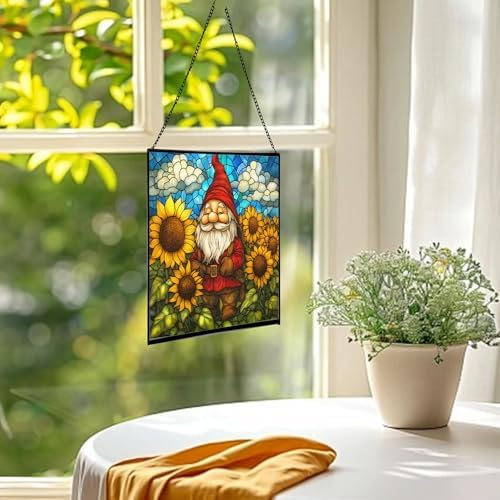 Sunflower Field Gnome Stained Glass Suncatcher – Square Hanging Window Panel for Home or Greenhouse – Whimsical Glass Art Gift for Garden Lovers, Christmas, Halloween, Father Days MDadjk - Image 3
