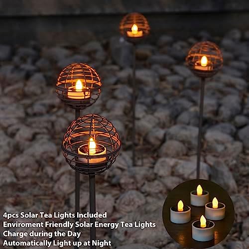 Solar Pathway Lights Outdoor, Rust Iron Ball Candle Holder Stake with Flickering Solar Powered Tea Lights, Perfect Decorative Garden Lighting for Yard Lawn Patio Landscape Decor Outside-4Pack - Image 4