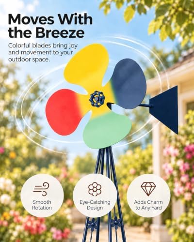 6FT Windmill for Yard Garden Decoration, Heavy Duty Outdoor Wind Mills, Large Metal Outdoor Windmill, Weather Resistant, with Storage Shelf and Weather Vanes, Dark Blue - Image 3