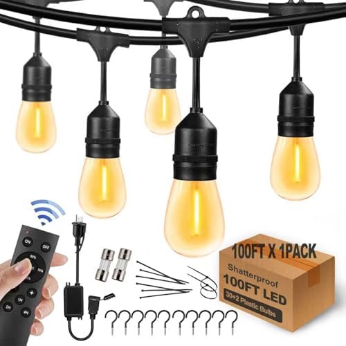 100FT Outdoor String Lights Remote Control Patio Lights Waterproof Commercial Grade, 30+2 Replaceable Dimmable Edison Bulbs, Black 1Pack, Linkable, Hooks and Zip Ties Included by YuHooLamp