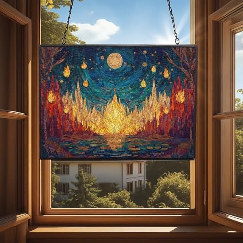 Personalized Rectangle Mosaic Ghost Flame Meadow Stained Glass Window Hanging, Stained Glass Window Decor Suncatcher for Women, Home Décor - Image 4