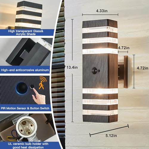 2 Pack Motion Sensor Outdoor Wall Light Fixture Up Down Porch Lights Modern Dusk to Dawn Exterior Sconce Light Wall Mount Outside Coach Lantern for House Front Door Garage (With 4 Dimmable Warm Bulbs) - Image 4