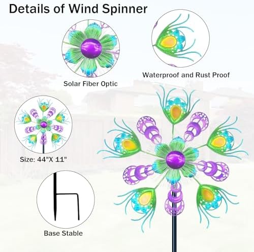 40" Solar Peacock Wind Spinners Garden Stake, Solar Wind Sculpture Yard Art Decorations for Lawn, Patio & Yard & Garden Decor, Metal Green Whirligigs Wind Spinners Outdoor - Image 2