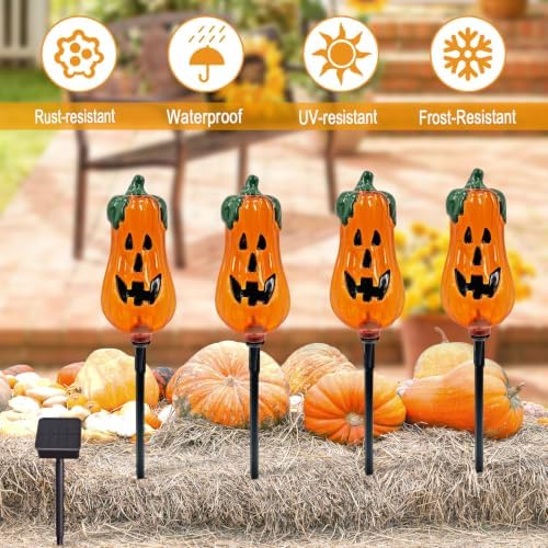 Halloween Decorations Outdoor,4 Pack Halloween Pumpkin Solar Lights Stakes - Image 2