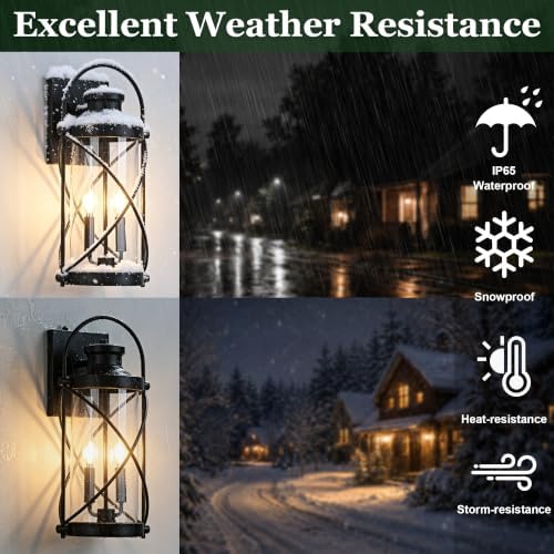 20inch Large Dusk to Dawn Outdoor Wall Lights Fixtures, Waterproof Exterior Lighting Fixtures with Photocell Sensor,Vintage Black Metal Cage Lantern Outside Lights for Porch Patio House Garage（2 Pack） - Image 7