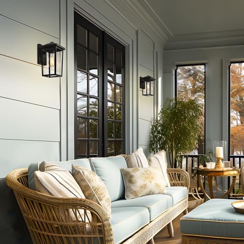 LALUZ Black Outdoor Wall Lights for House, Modern Farmhouse Porch Patio Lights Outdoor Wall Mount with Clear Glass, Waterproof Rectangular Exterior Outdoor Sconce Wall Lantern Light Fixture - Image 2