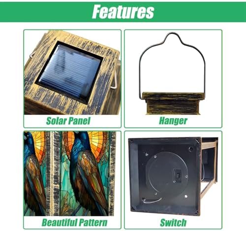 Solar Lantern Stained Glass Raven Vibrant Feathers Golden Sun Wildlife Art Outdoor Waterproof Hanging Solar Light Outside Lights for Patio Yard House Lawn Decor Birthday Gifts for Women Mom - Image 3