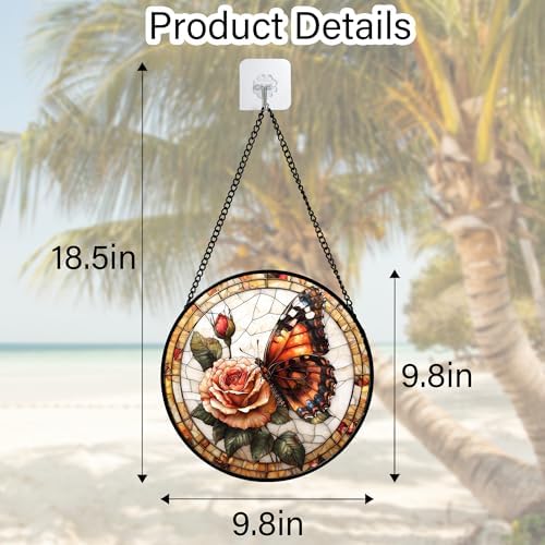 Rose Butterfly Stained Glass Window Hanging Suncatcher Gift for Women 9.8" - Image 7