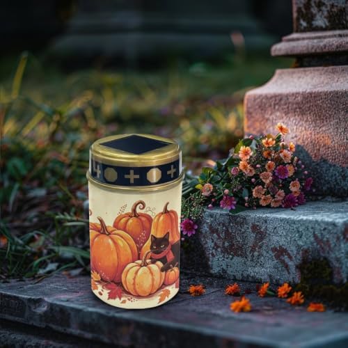 Poceacles Solar Candle Cemetery Solar Lights for Grave LED Garden Flameless Powered Pathway Lights for Halloween Party Decorations, Black Cat Pumpkin Autumn Leaf Print Beige, Pack of 2 - Image 3