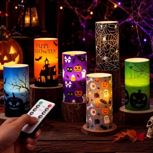 Fumete 6 Pack Halloween Flameless LED Pillar Candles 3x6 Timer Remote 4/6h by Fumete