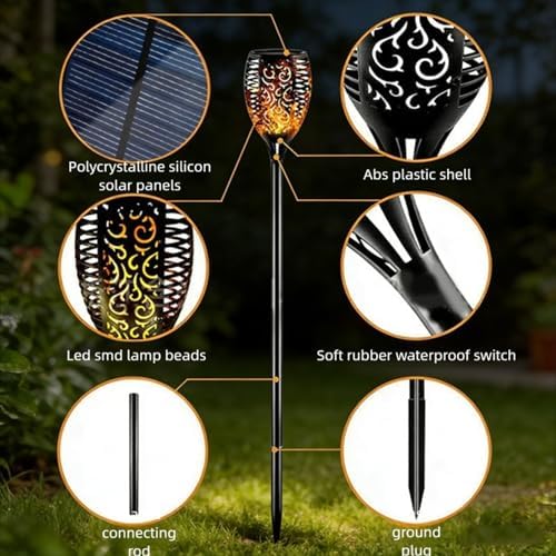 POCREATION Solar Way Lights 6pcs Outdoor Solar Torch Lights Realistic Flickering Flame Effect Auto On Off ABS for Garden Yard Walkway Patio Decoration - Image 7