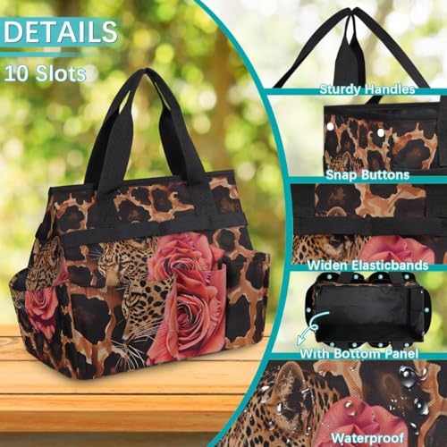 Leopard Rose Garden Tool Bag, Garden Tote Storage Bag with 10 Pockets, Indoor and Outdoor Leopard Print Gardening Tool Organizer for Women Men - Image 5