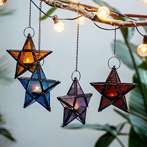 Romadedi 2-Pack Orange & Red Glass Hanging Star Lanterns for Tea Light - Image 4