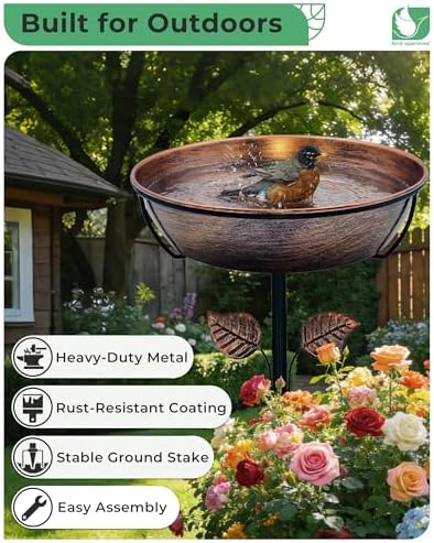 13" Metal Bird Bath for Outside 3" Deep Removable Bowl with Stake - Image 4