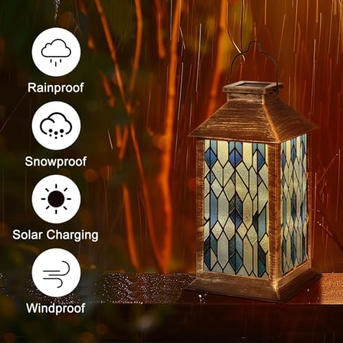 Solar Lantern Stained Glass Outdoor Garden Hanging Lantern Waterproof Solar Powered Lighting Outside Table Lamp for Patio Deck Yard Camping Beach House Decor, 1 Pack - Image 5