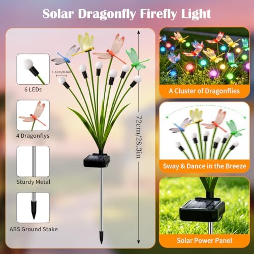VOOKRY Dragonfly Solar Garden Lights Outdoor (6 Pack, 36 LEDs), Dragonfly Outdoor Decor with Solar Firefly Lights Waterproof Swaying Light for Yard Patio Pathway Gardening Gift for Women, Multicolor - Image 2