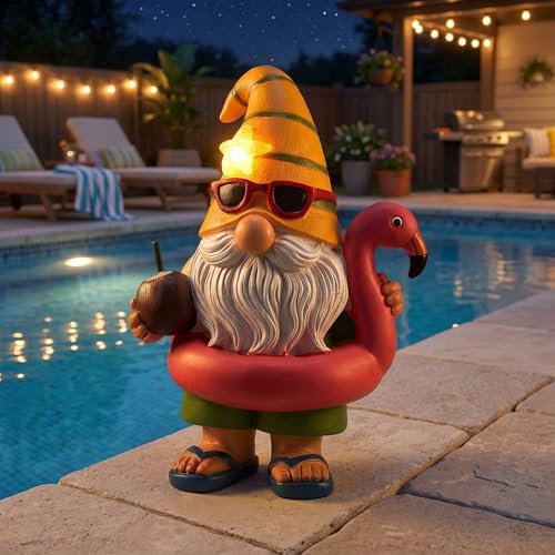 Lavezee Garden Gnome Statue Outdoor Decor, Solar Gnomes with Flamingo Figurine for Garden, Patio, Yard Decor, Summer Pool Party by Lavezee
