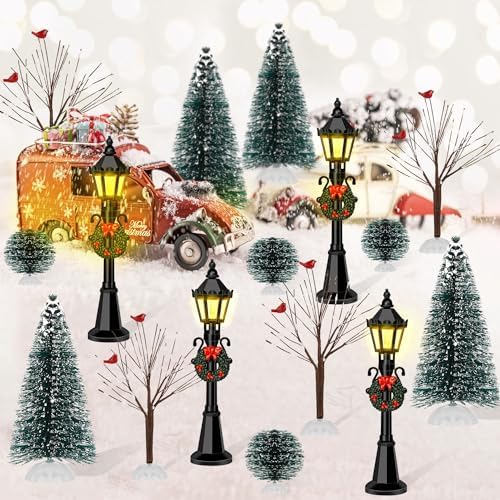 32 PCS Christmas Figurine Village Accessories, Mini Street Light Models with Brush Trees, Miniature Christmas Pathway Street Lamps Lantern Post for DIY Micro Landscape Fairy Garden - Image 4
