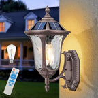 Outdoor Light Fixtures Wall Mount Dusk to Dawn Solar Exterior Wall Sconce Lanterns Remote Control with Water Ripple Glass Lamp Shade for Patio Yard House Hallway, 17'' Medium ORB Color by Luminzone