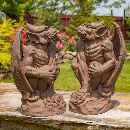 Zaer Ltd. Set of 2 Gothic Gargoyle Garden Statues, 28.4 Inch Tall Outdoor Sculptures (Antique Rust) - Image 6