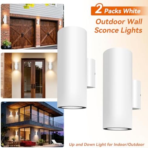 JO.KO Porch Light in 2 Lights, Cylinder Wall Lights 10.24" 2 Pack, Up Down Lights 2700K Warm White, Waterproof Wall Sconce, Aluminum,Exterior Light Fixture Wall Mount, White - Image 4