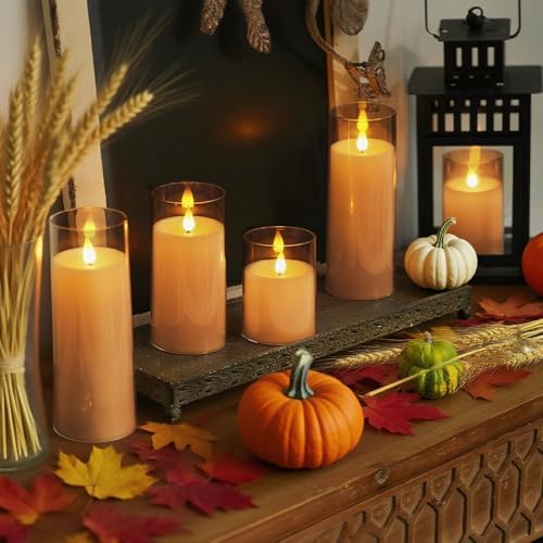 Homemory Amber Flickering Flameless Candles, Battery Operated Acrylic LED Pillar Candles with Remote Control and Timer, Fall Candles, Set of 5 - Image 2