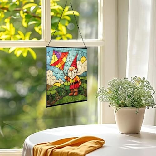 Kite String Gnome Stained Glass Suncatcher – Square Hanging Window Panel for Home or Greenhouse – Whimsical Glass Art Gift for Garden Lovers, Christmas, Halloween, Father Days Mjhqbn - Image 3
