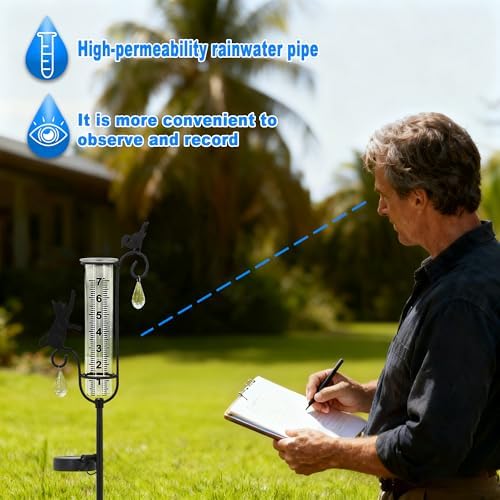 33in Solar Cat Bird Rain Gauge Metal Garden Stake Black Sculpture Decor - Image 7