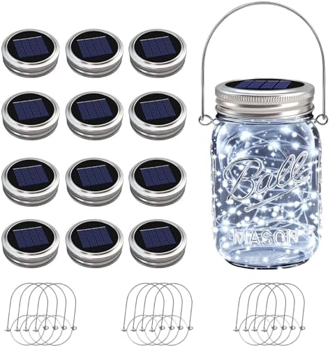 VOOKRY 12 Pack Solar Mason Jar Lights, 30 LED Mason Jar Lids Waterproof Firefly Fairy String Lights with 12 Hangers(No Jars), for Outdoor Patio Garden Yard Lawn Party Wedding Decoration - Cool White by VOOKRY