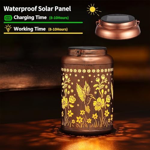 2 Pack Solar Lanterns Outdoor Waterproof, Hummingbird Garden Decor Gifts for Women Mom Grandma Hanging Solar Lights Metal Solar Decoration Outside for Yard, Patio, Lawn, Pathway - Image 3